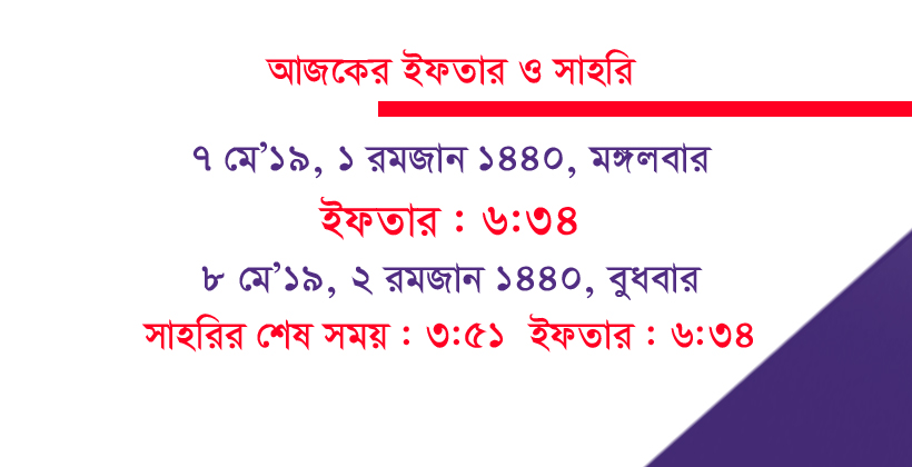 আজকের সাহরি ও ইফতার