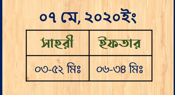 ০৭ মে সাহরি ০৩.৫২, ইফতার ০৬.৩৪